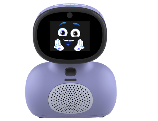 Purple and black AI robot with rounded body, digital screen displaying animated blue-eyed character face, and speaker grille
