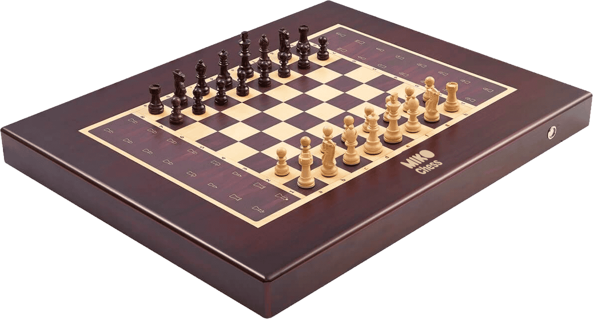 Miko Chess Grand AI-powered interactive chess board with dark wood finish, cream and burgundy squares, and wooden pieces set up in starting position