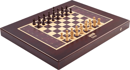 Miko Chess Grand AI-powered interactive chess board with dark wood finish, cream and burgundy squares, and wooden pieces set up in starting position