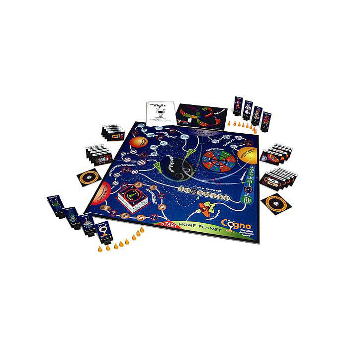 Cogno board game with space-themed blue game board, player tokens, cards, dice, and instruction materials laid out on white background