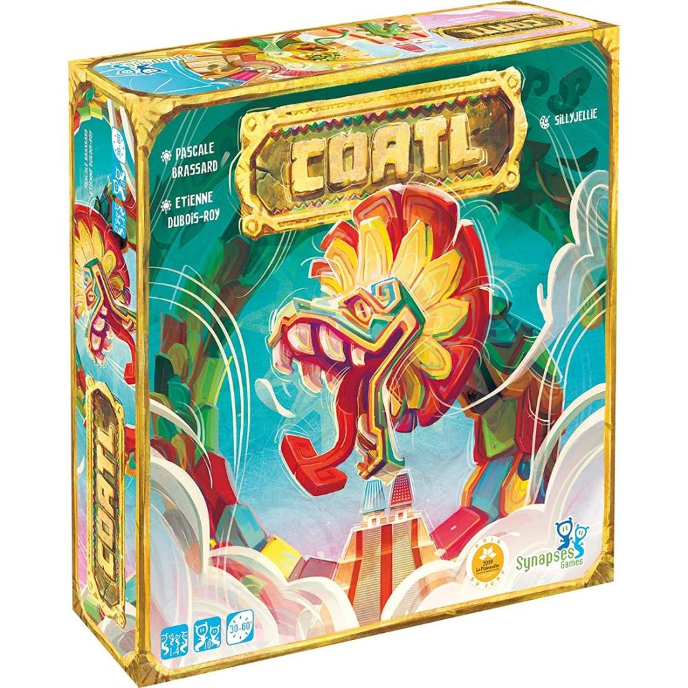 Coatl board game box featuring colorful Aztec-themed artwork with a red feathered serpent character and gold accents on teal background