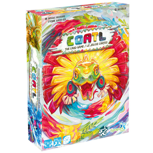 COATL card game box featuring colorful artwork of a yellow feathered serpent creature with red and blue accents on vibrant patterned background