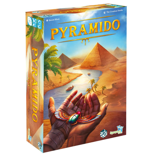 Pyramido board game box featuring Egyptian pyramid landscape with hand holding decorative scarab beetle, designed by Ikwan Khon and The Creation Studio