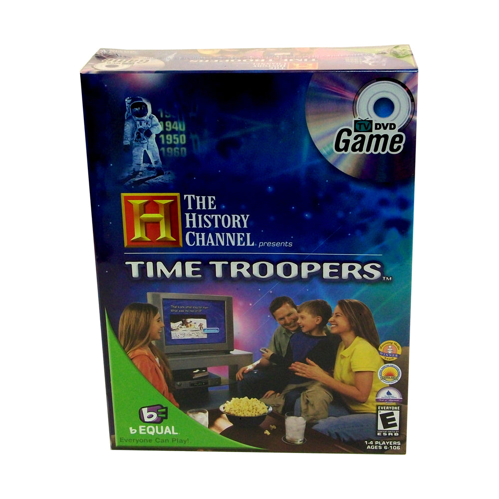 The History Channel Time Troopers DVD Game box showing four people playing together on a couch with popcorn and drinks, with a computer displaying the game on s