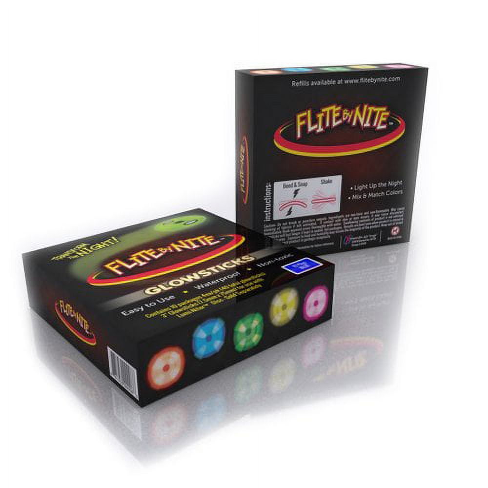 Flite By Nite Glowstick Refills packaging showing black boxes with colorful LED light-up sticks in red, blue, green, and pink