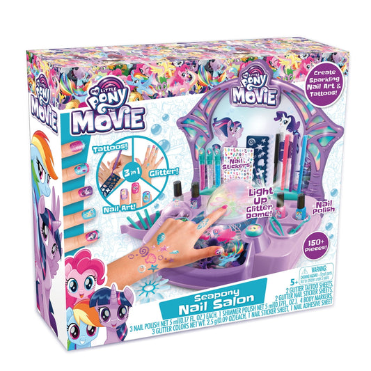 My Little Pony Glitter Dome Nail Salon Kit with light-up glitter dome, nail polish bottles, tattoo sheets, stickers, and markers on plain background