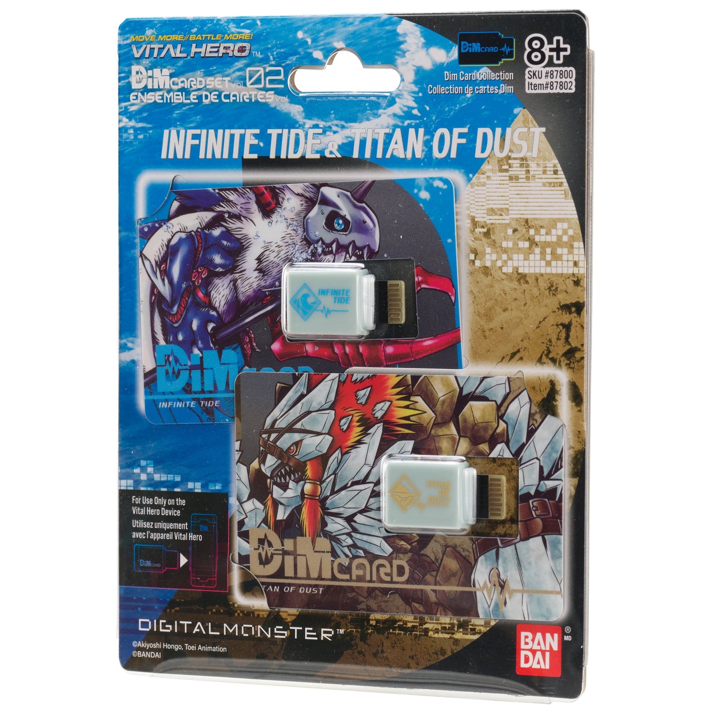 Vital Hero DIM Card Pack: Infinite Tide & Titan of Dust packaging showing two digital monster cards for the Vital Hero Device, with blue and desert-themed artwo