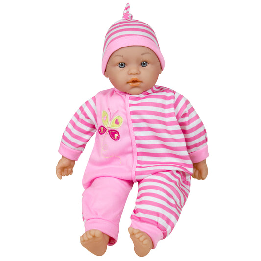 Baby doll with blue eyes wearing pink and white striped outfit, matching striped hat with pom-pom, and pink overalls with butterfly design