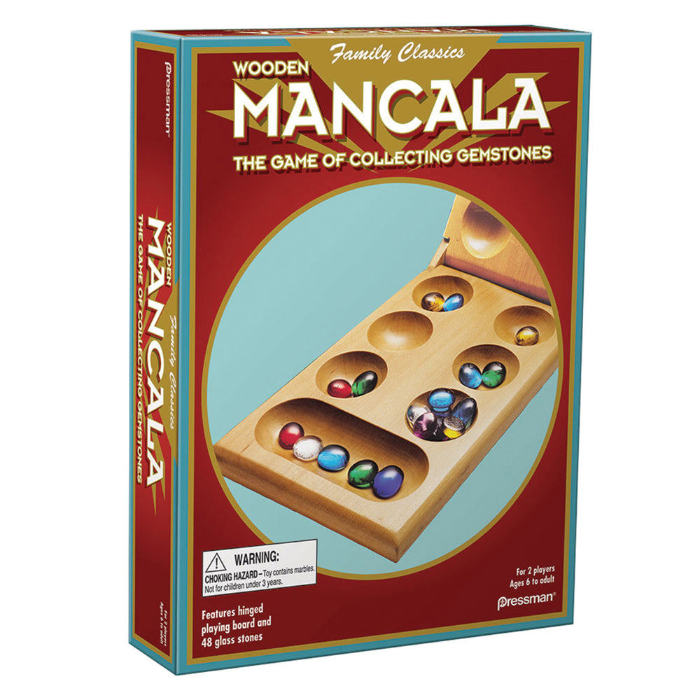 Wooden Mancala board game box showing the hinged playing board with 48 glass stones in various colors