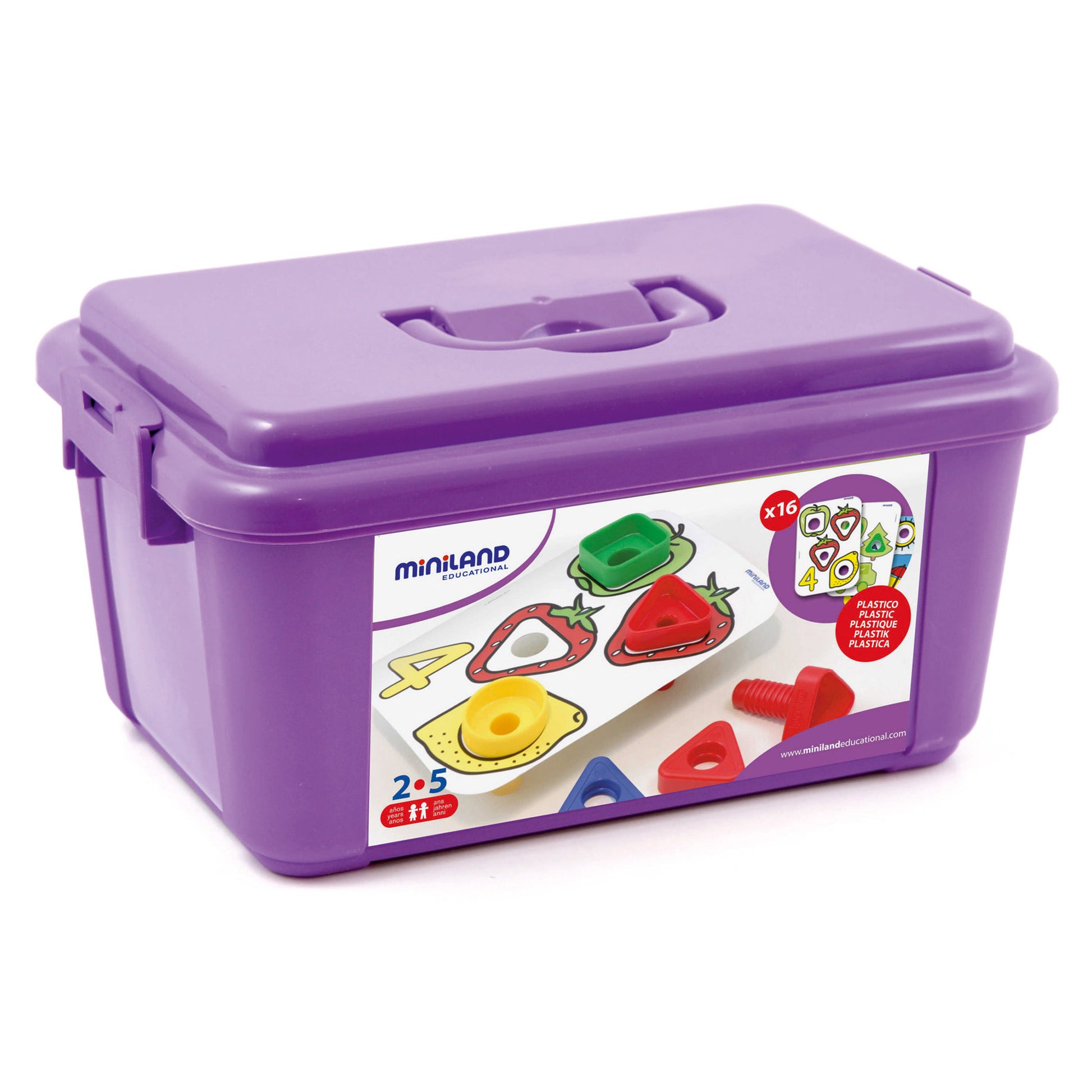 Purple plastic storage container with handle and lid showing Miniland Educational Nuts & Bolts Activity Set with colorful fruit-shaped pieces and bolts inside