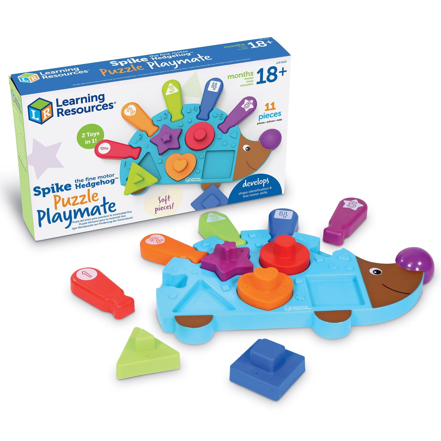 Spike the Fine Motor Hedgehog puzzle playmate with turquoise hedgehog-shaped base, colorful soft pieces including shapes and circles, and four plastic poking to