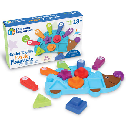 Spike the Fine Motor Hedgehog puzzle playmate with turquoise hedgehog-shaped base, colorful soft pieces including shapes and circles, and four plastic poking to