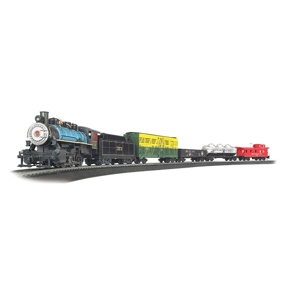 Bachmann Trains Chessie Special HO scale electric train set with blue steam locomotive, tender, yellow and green freight car, silver tank car, and red caboose o