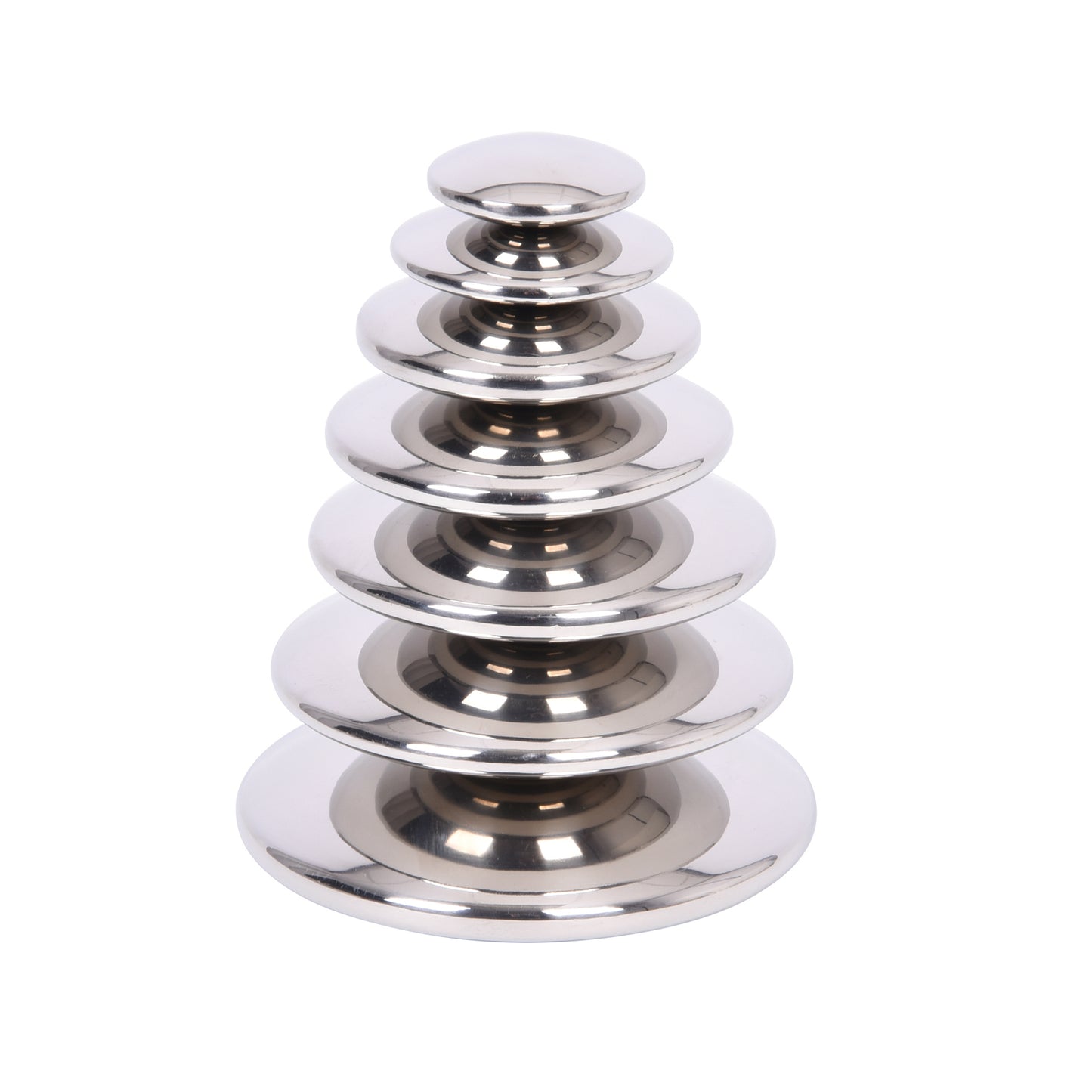 Seven reflective silver buttons stacked in graduated sizes from small to large, each with a mirrored dome surface on a plain background
