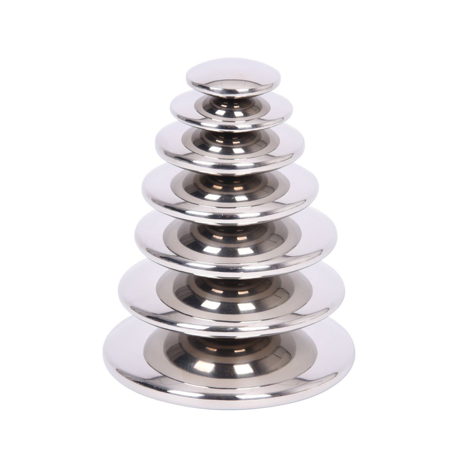 Seven reflective silver buttons stacked in graduated sizes from small to large, each with a mirrored dome surface on a plain background