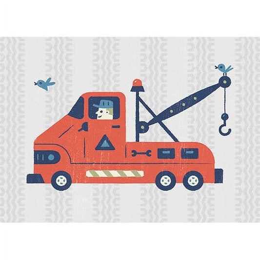 Illustrated red and navy tow truck with crane hook, driver in cab, flying birds, and patterned background