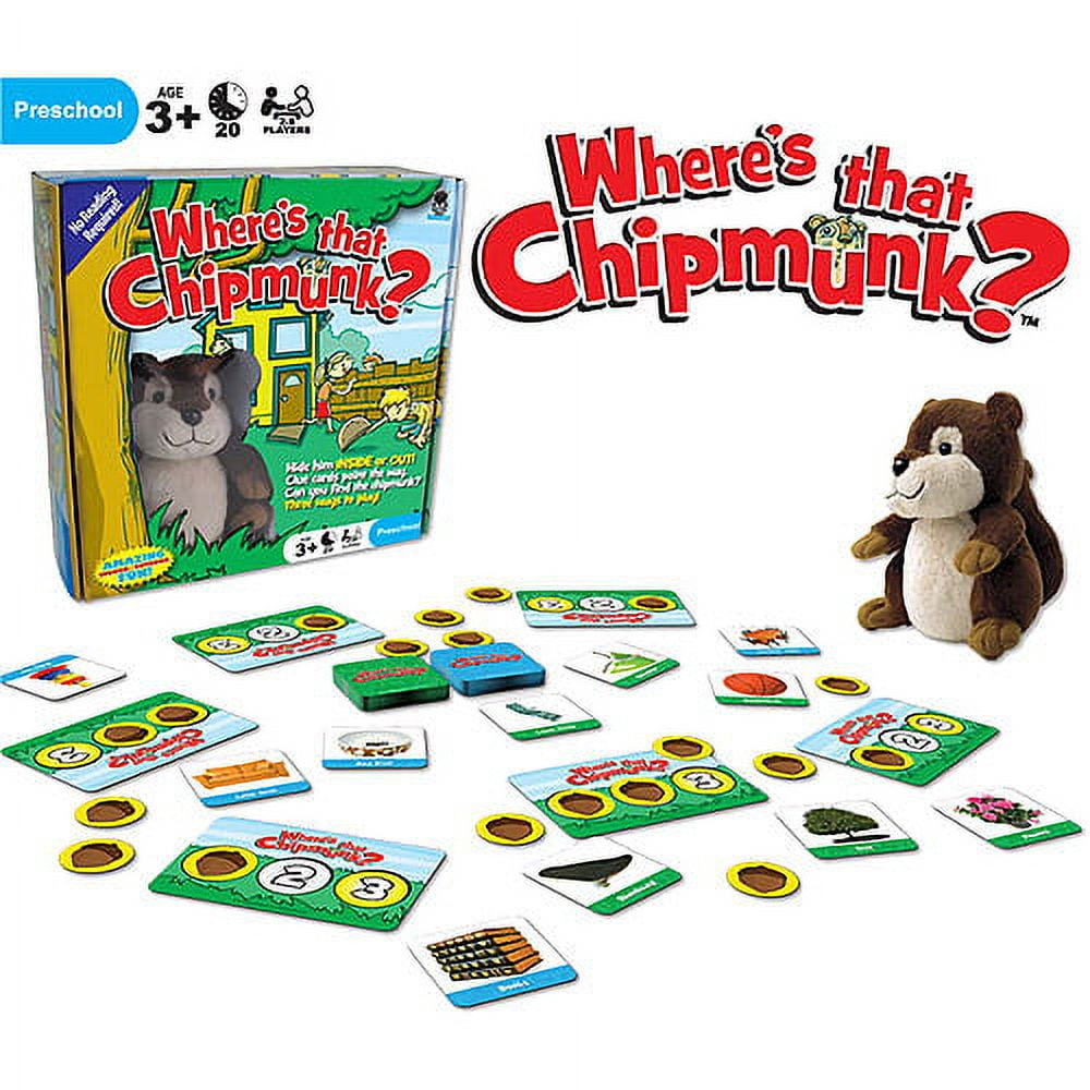 Where's that Chipmunk? board game showing plush brown chipmunk, game box, cards with images, and numbered game pieces on plain background