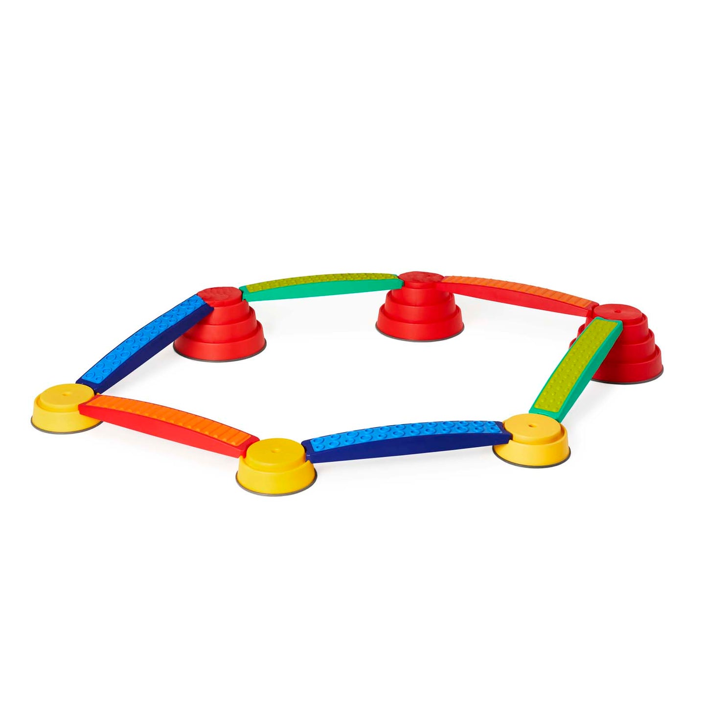 Colorful sensory integration toy with yellow cup feet, red and green cone connectors, and multicolored arched bridges in blue, yellow, orange, and green arrange