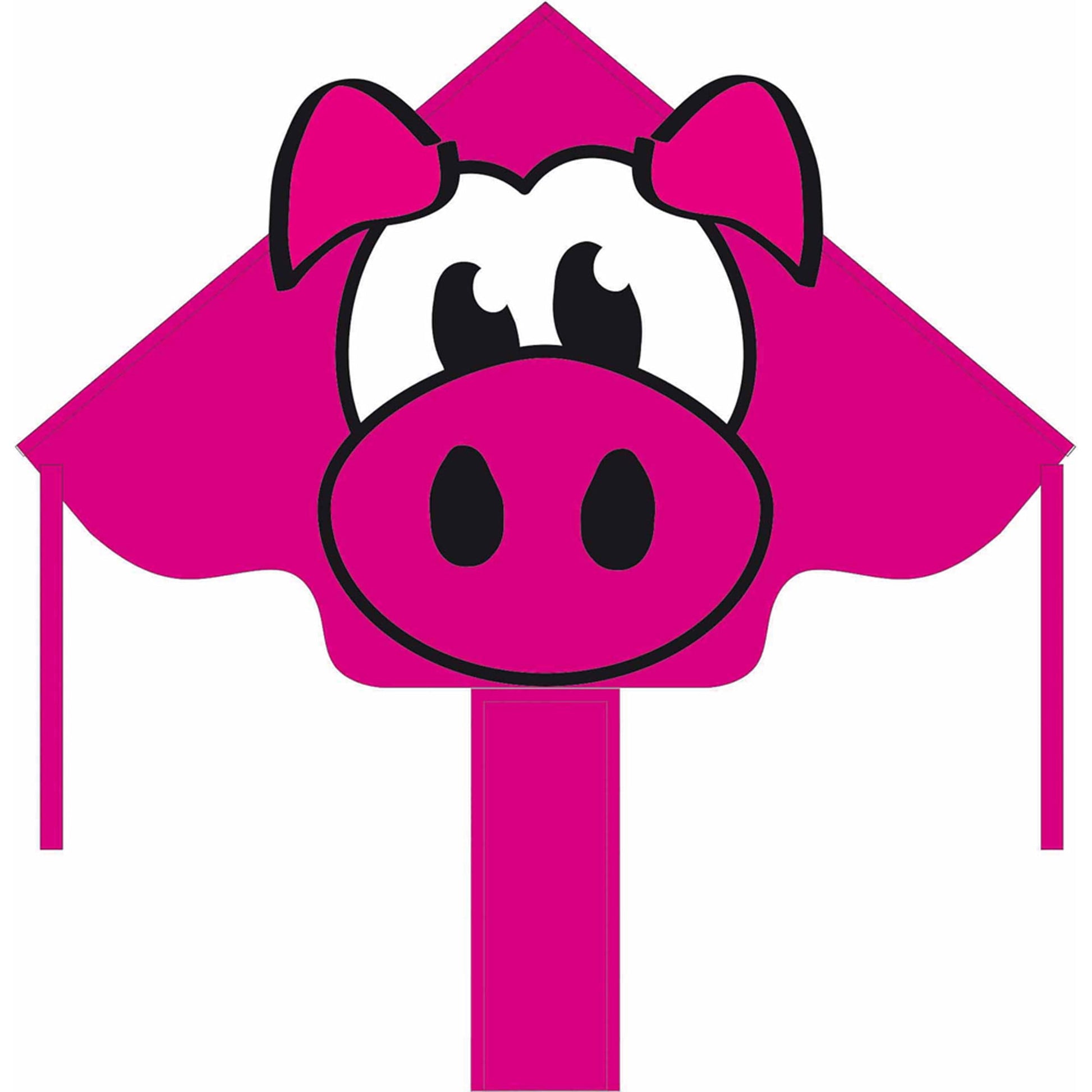 Bright pink fabric kite shaped like a cute pig with white face, pink snout, black eyes, and pink bow ears