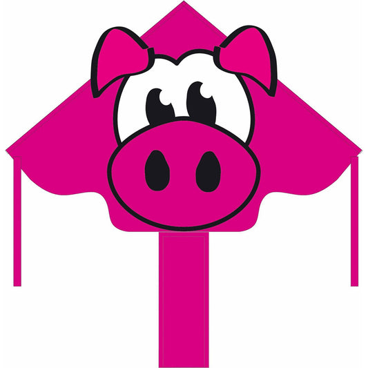 Bright pink fabric kite shaped like a cute pig with white face, pink snout, black eyes, and pink bow ears