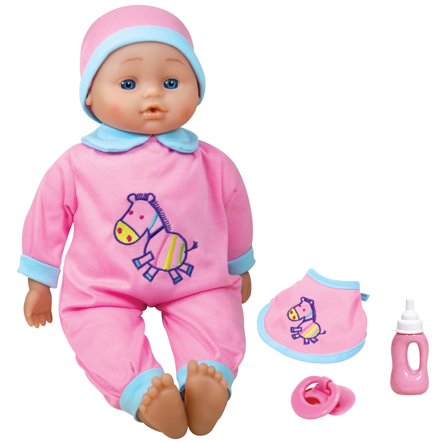 Baby doll wearing pink outfit with blue collar and hat, horse graphic on chest, shown with bib, bottle, and pacifier accessories