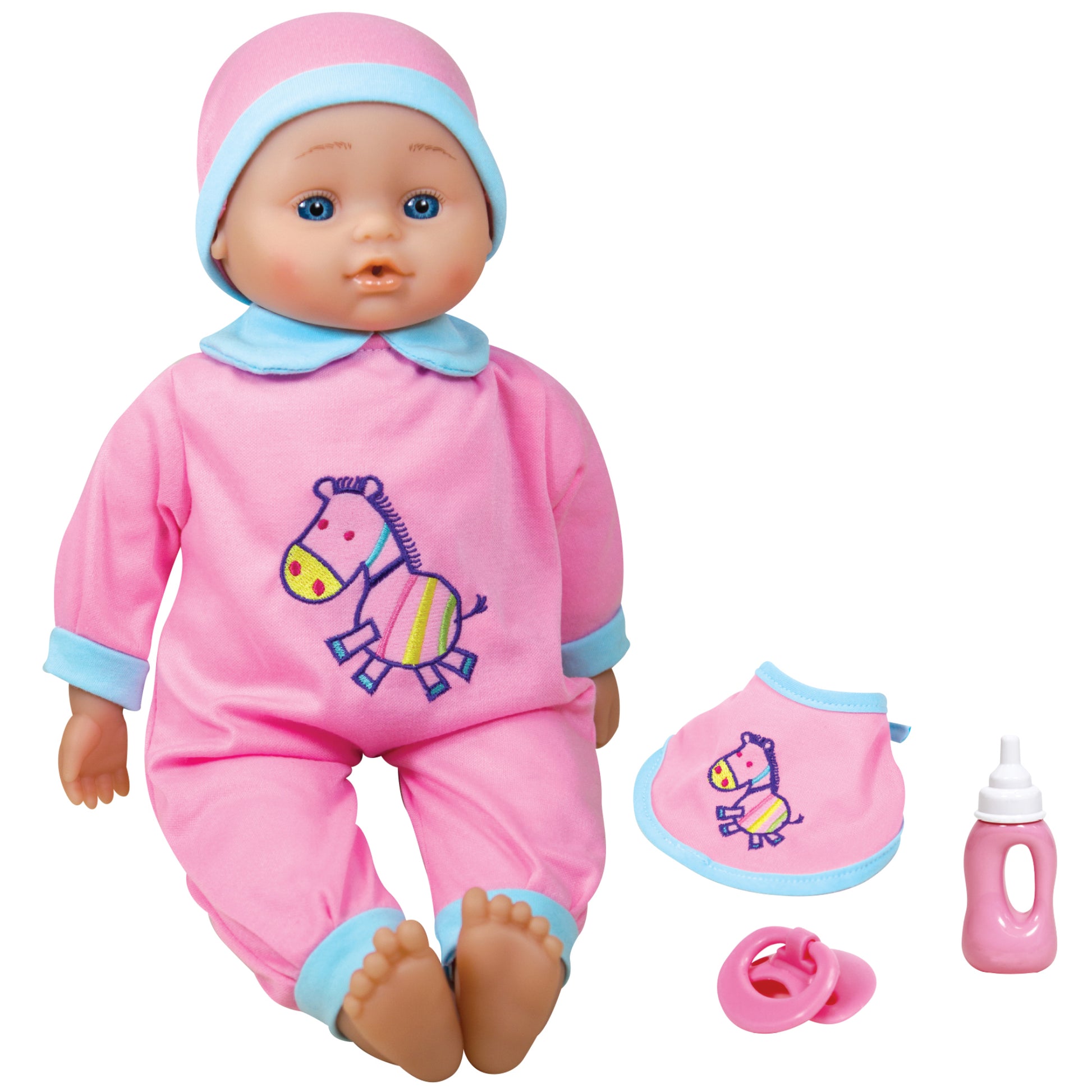 Baby doll wearing pink outfit with blue collar and hat, horse graphic on chest, shown with bib, bottle, and pacifier accessories