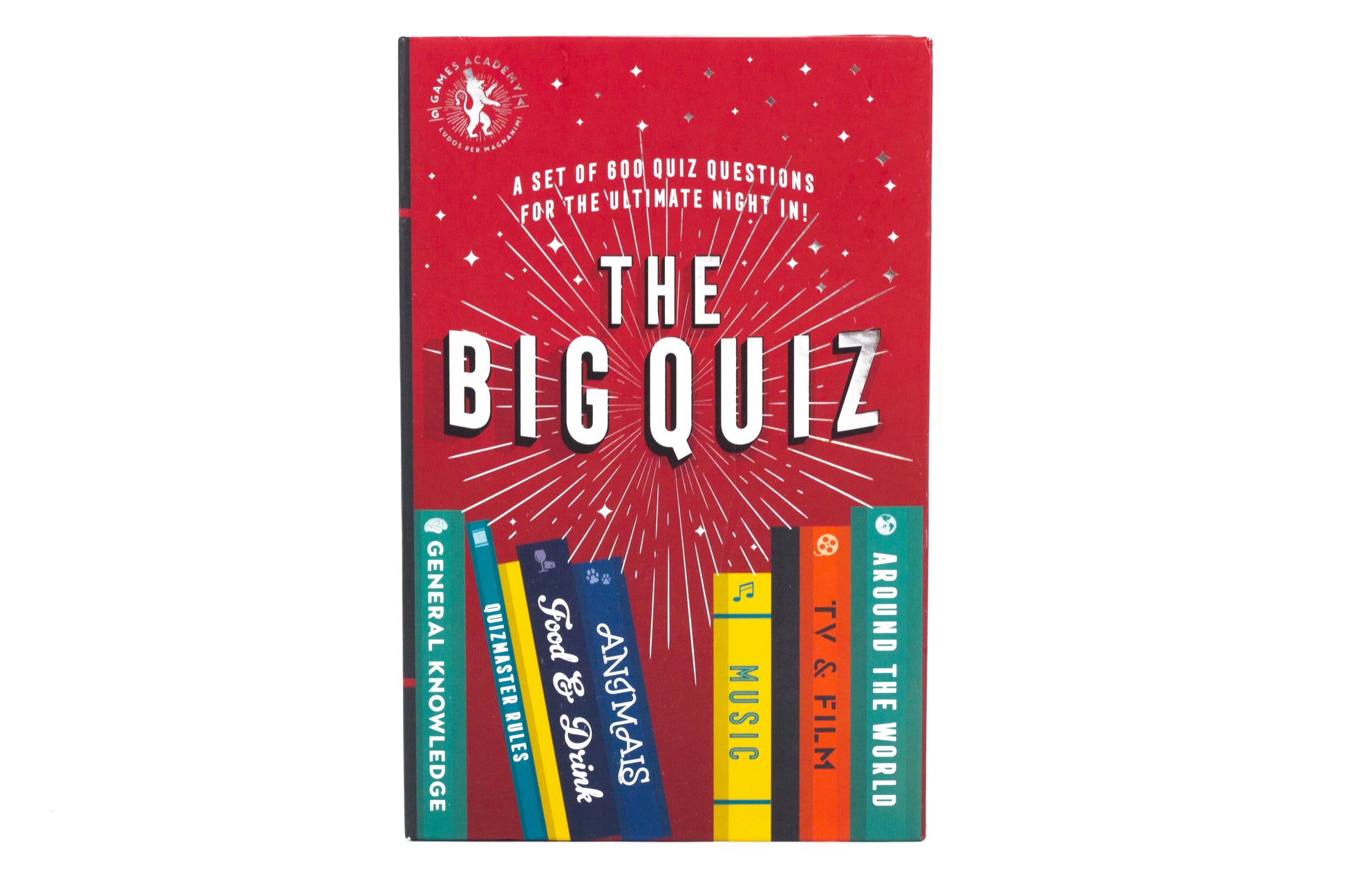 The Big Quiz board game box with red cover, white starburst design, and category tabs for General Knowledge, Humanities, Food & Drink, Animals, Music, TV & Film
