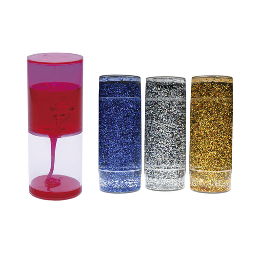 Four sensory fidget toys: pink liquid-filled cylinder with dripping effect, blue glitter-filled tube, silver glitter-filled tube, and gold glitter-filled tube