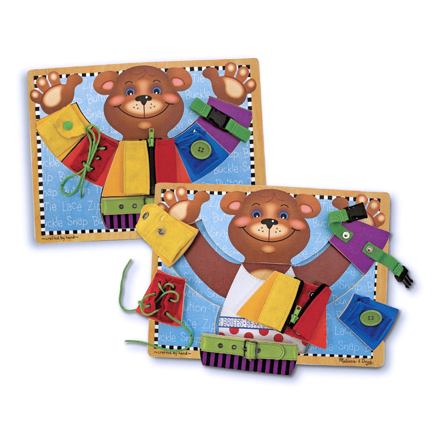 Wooden learning board with brown bear face featuring colorful fabric panels with buckles, snaps, zippers, and buttons for developing fine motor skills