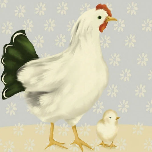 Illustration of a white hen with red comb and green tail feathers standing next to a small yellow chick on a patterned background