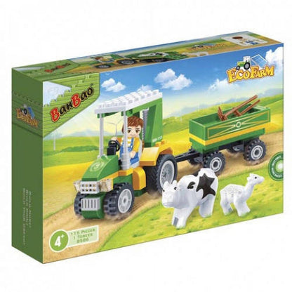 BanBao farm building set with yellow and green tractor, trailer, farmer figure, and white cow on green field backdrop