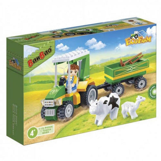 BanBao farm building set with yellow and green tractor, trailer, farmer figure, and white cow on green field backdrop