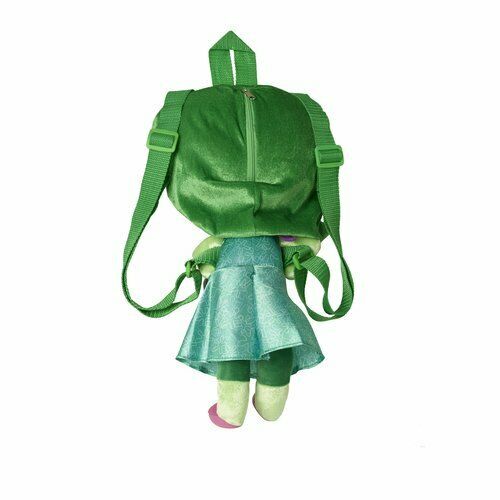 Disney Inside Out Disgust plush backpack with green fabric body, teal skirt, and adjustable shoulder straps, shown from back view