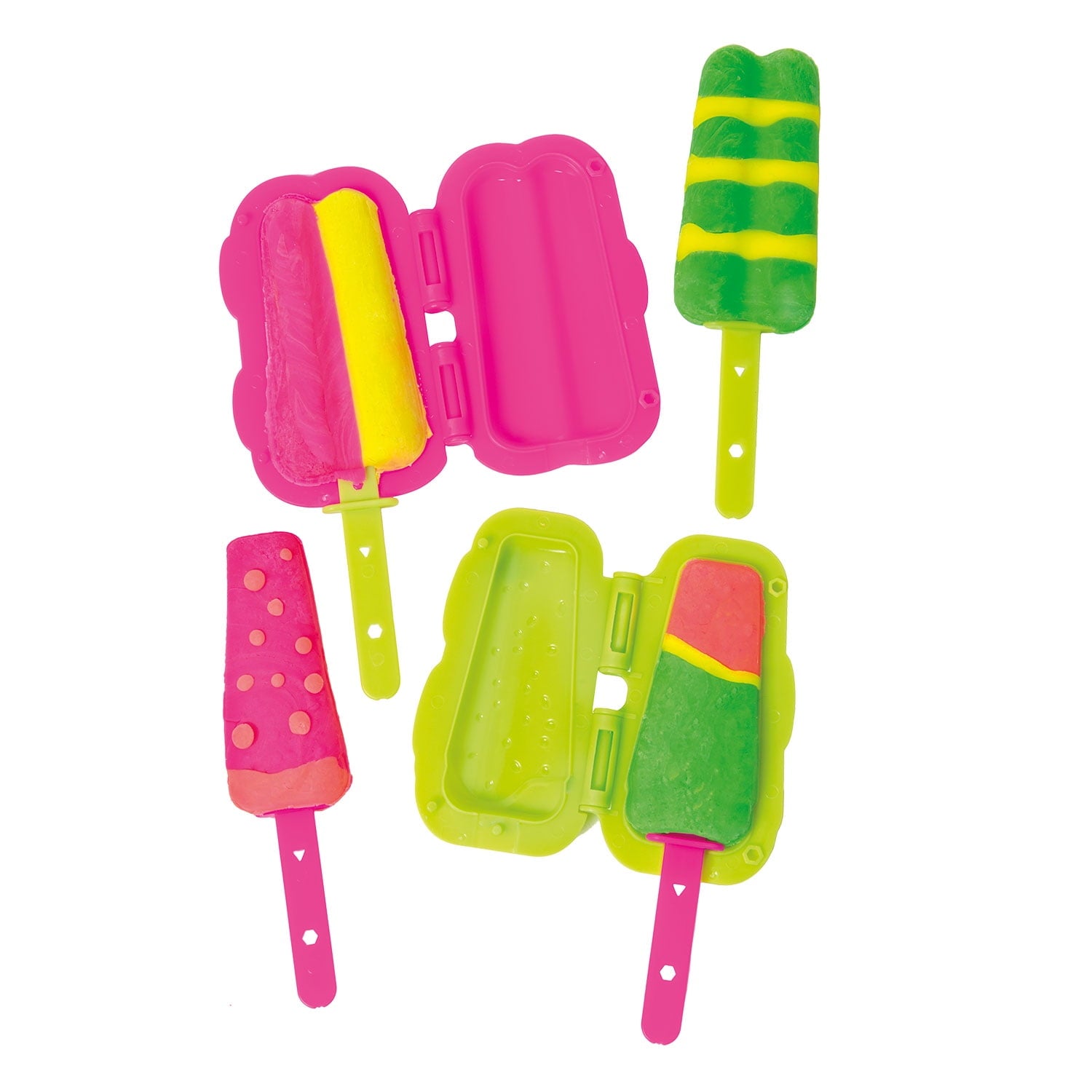 Three colorful ice pop-shaped modeling dough molds with neon pink, green, and yellow dough inside, displayed on plain background