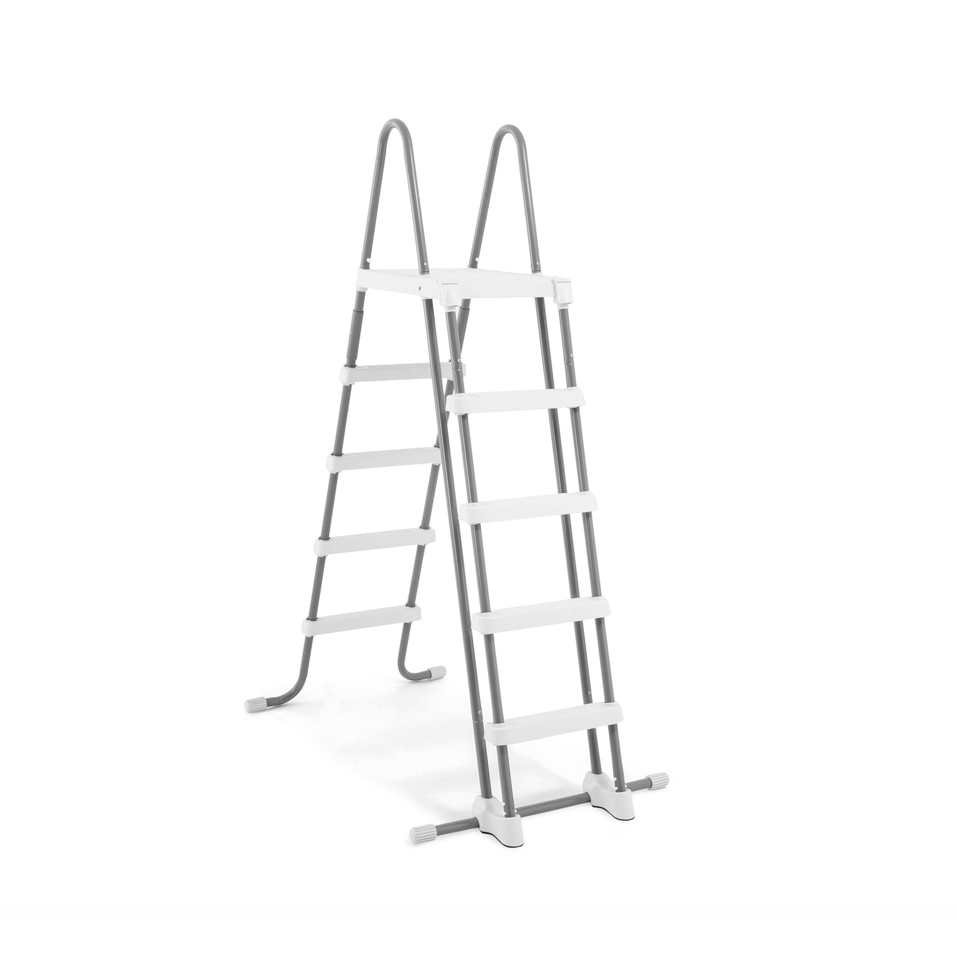 Gray and white above ground pool ladder with dual side rails, white steps, and foot pads on plain background