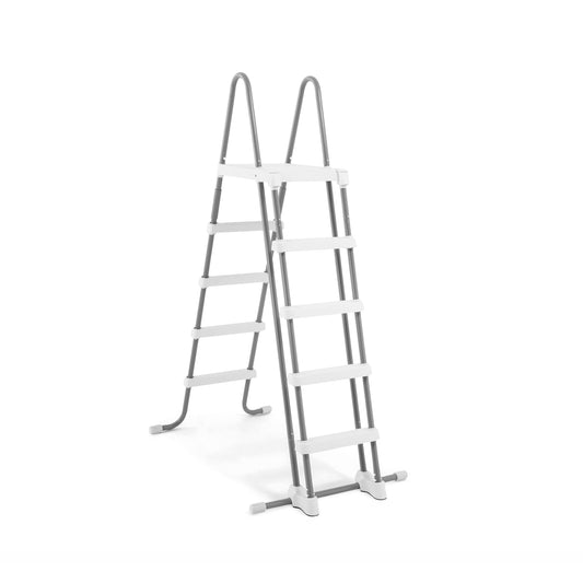 Gray and white above ground pool ladder with dual side rails, white steps, and foot pads on plain background