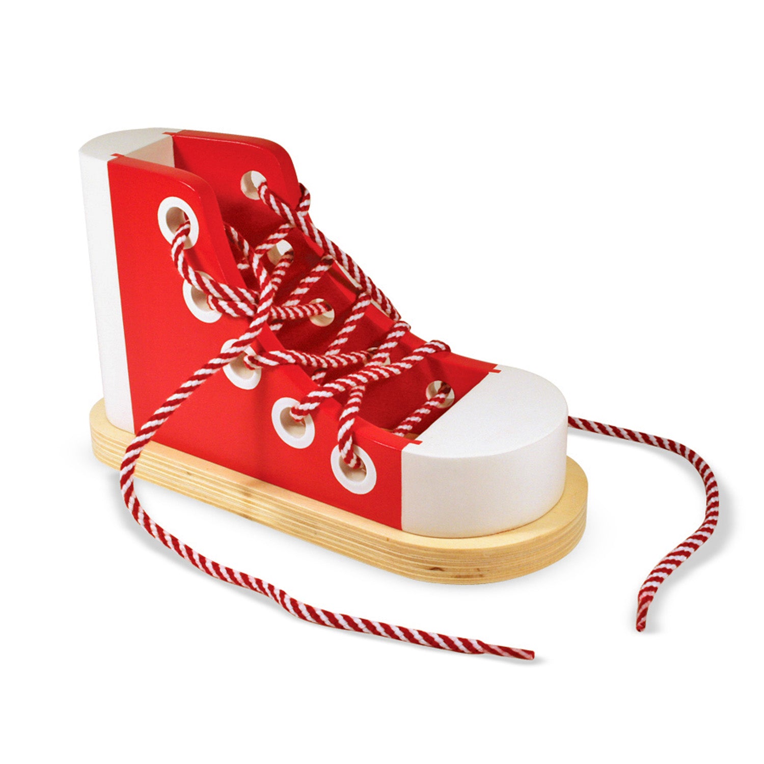 Red and white wooden lacing shoe with red and white striped laces and eyelet holes, on natural wood base