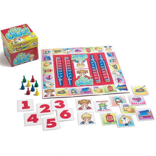 HA-CHOO board game with colored pegs, number cards 1-6, character cards, and game board displayed with red box