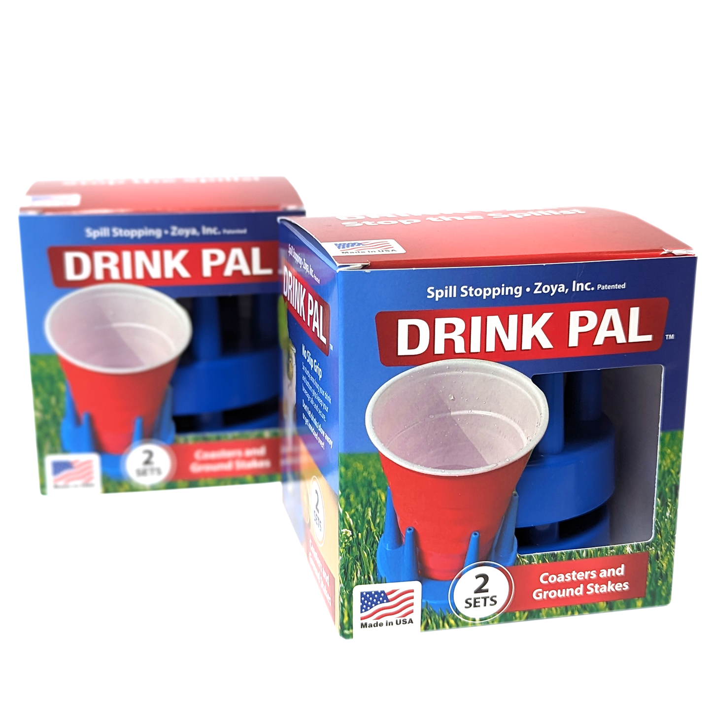 Drink Pal spill-stopping cup holder set with red cup holder and blue ground stake base, shown in packaging labeled 2 sets with coasters and ground stakes includ