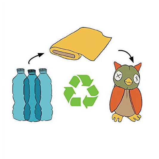 Illustration showing recycling cycle: plastic bottles, yellow fabric, green recycling symbol, and stuffed owl toy with orange wings