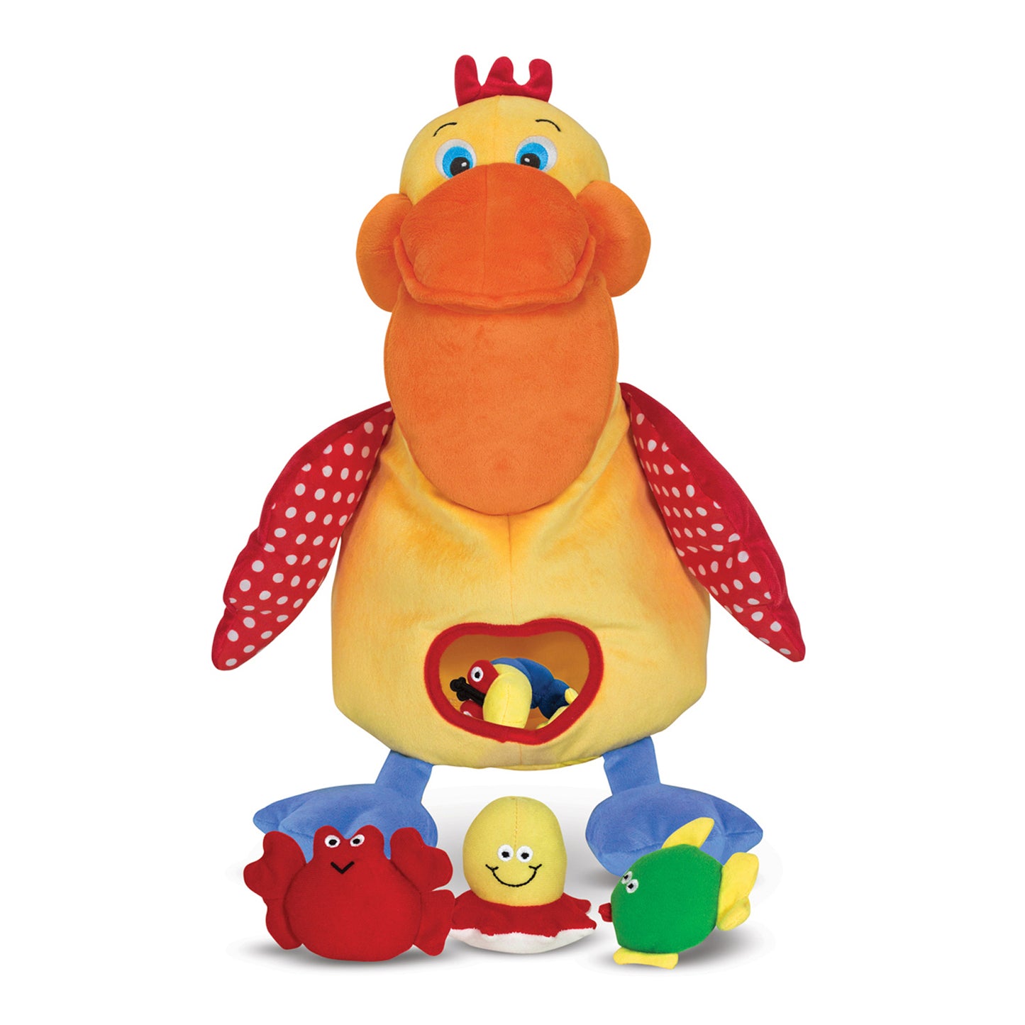 Plush pelican toy with yellow body, orange beak, red crest, and polka-dot wings, featuring a heart-shaped pouch on belly; includes three small plush sea creatur