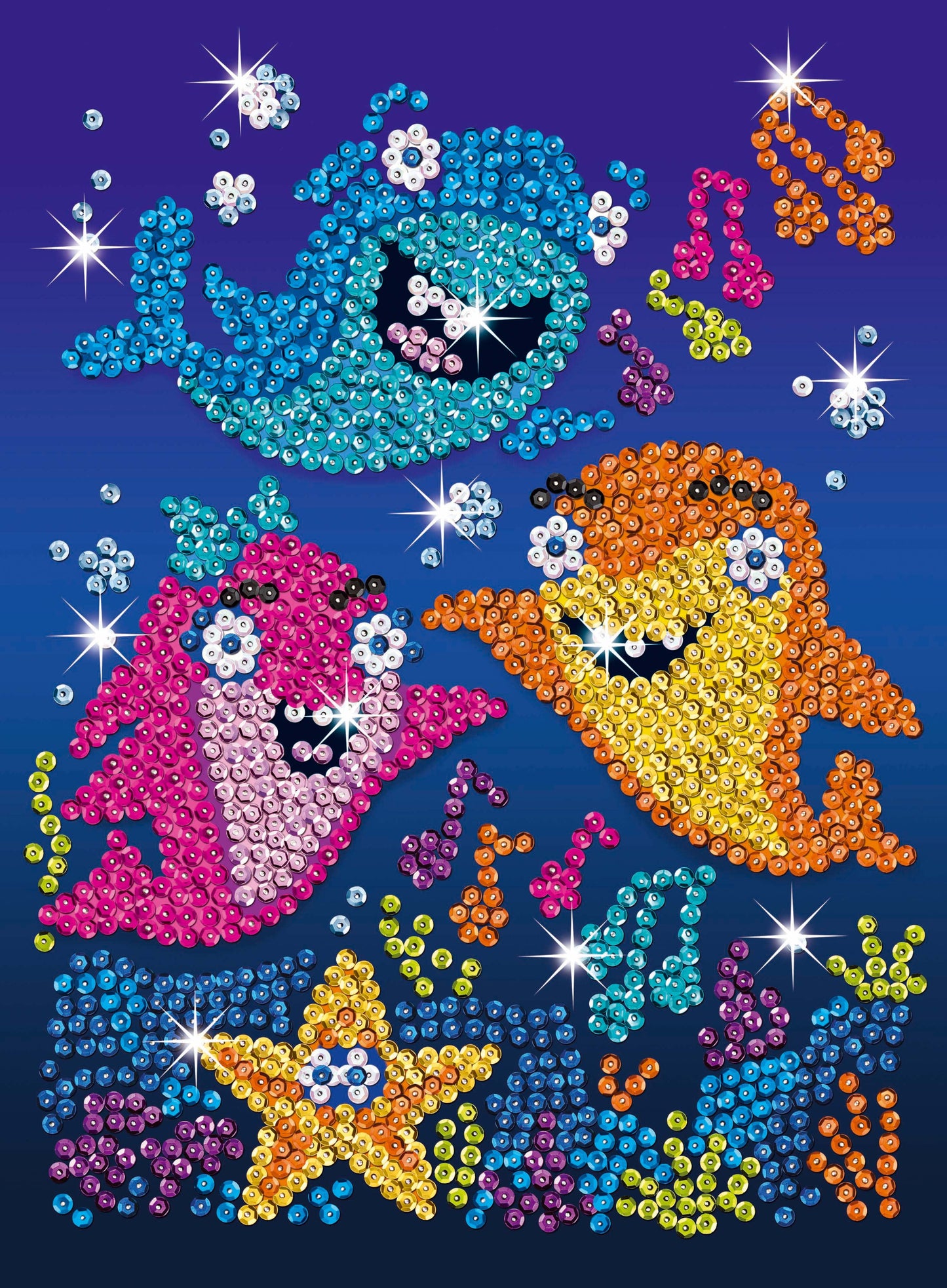 Sequin Art Kit showing colorful beaded designs of sea creatures including sharks, fish, and jellyfish in turquoise, pink, orange, yellow, and blue on dark blue