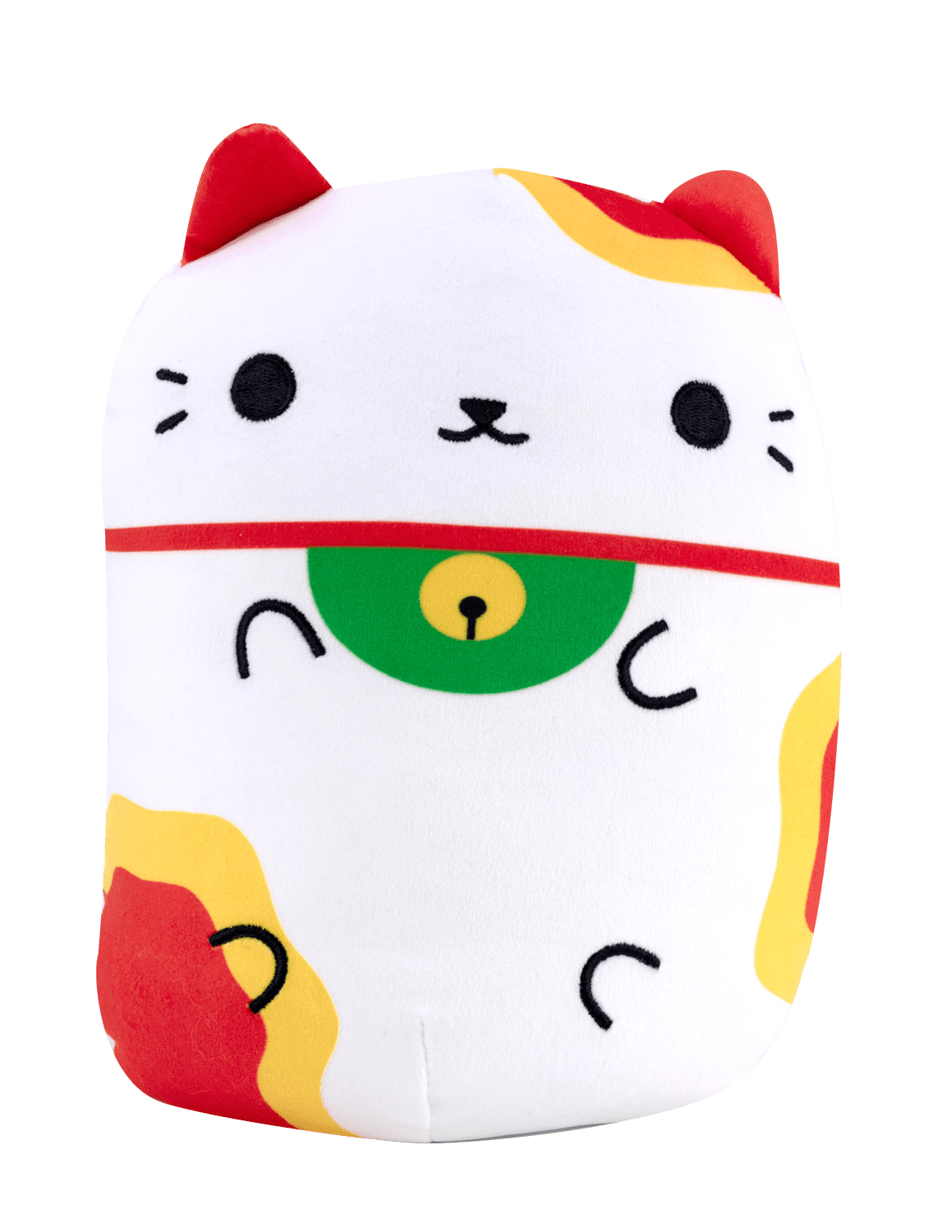 White plush cat with red ears, green eyes with yellow center, red collar band, and red and yellow paws