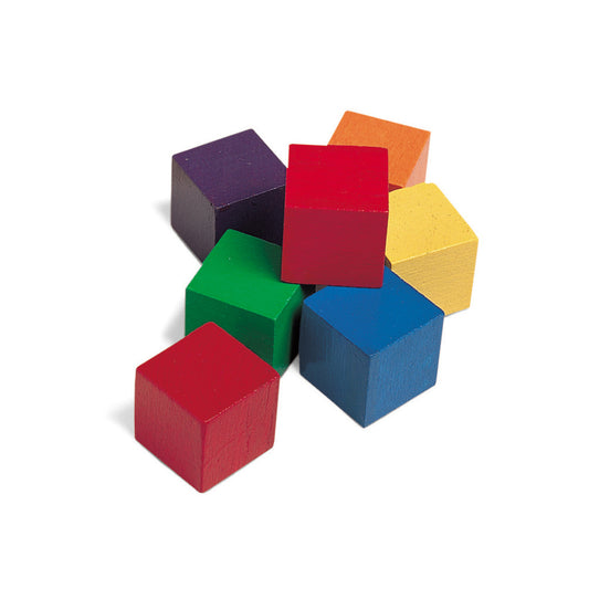 Assorted colorful wooden cubes in purple, red, orange, yellow, green, and blue arranged in a circle on white background