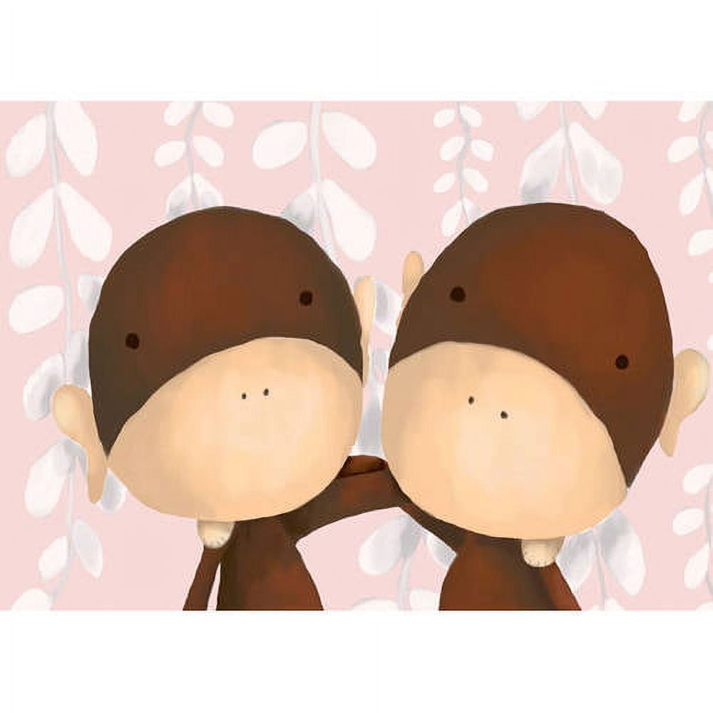 Two cartoon characters with brown heads and beige faces facing each other against pink background with white leaf pattern