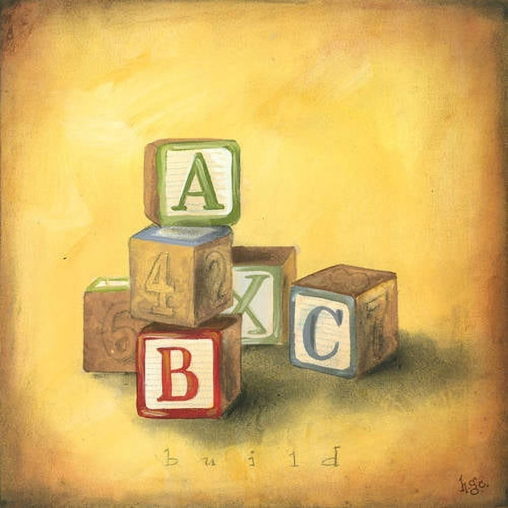 Wooden alphabet blocks stacked in a pyramid arrangement with letters A, B, C, K on a yellow textured background
