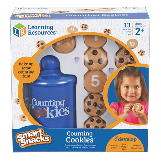 Learning Resources Counting Cookies set with blue cookie jar container and numbered chocolate chip cookie pieces, modeled by a child in pink shirt