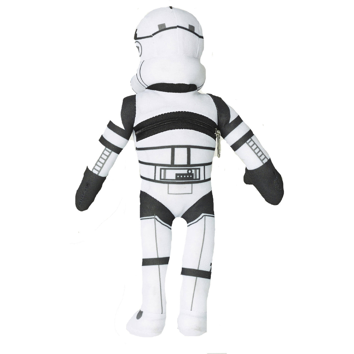 White and black plush Stormtrooper figure with helmet, armor details, and zippered chest pocket