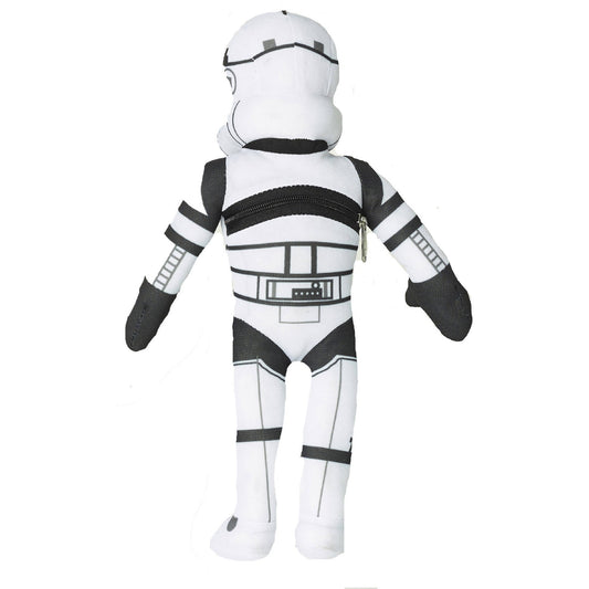 White and black plush Stormtrooper figure with helmet, armor details, and zippered chest pocket