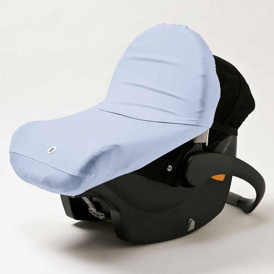Blue and black infant car seat sun shade canopy cover on plain background